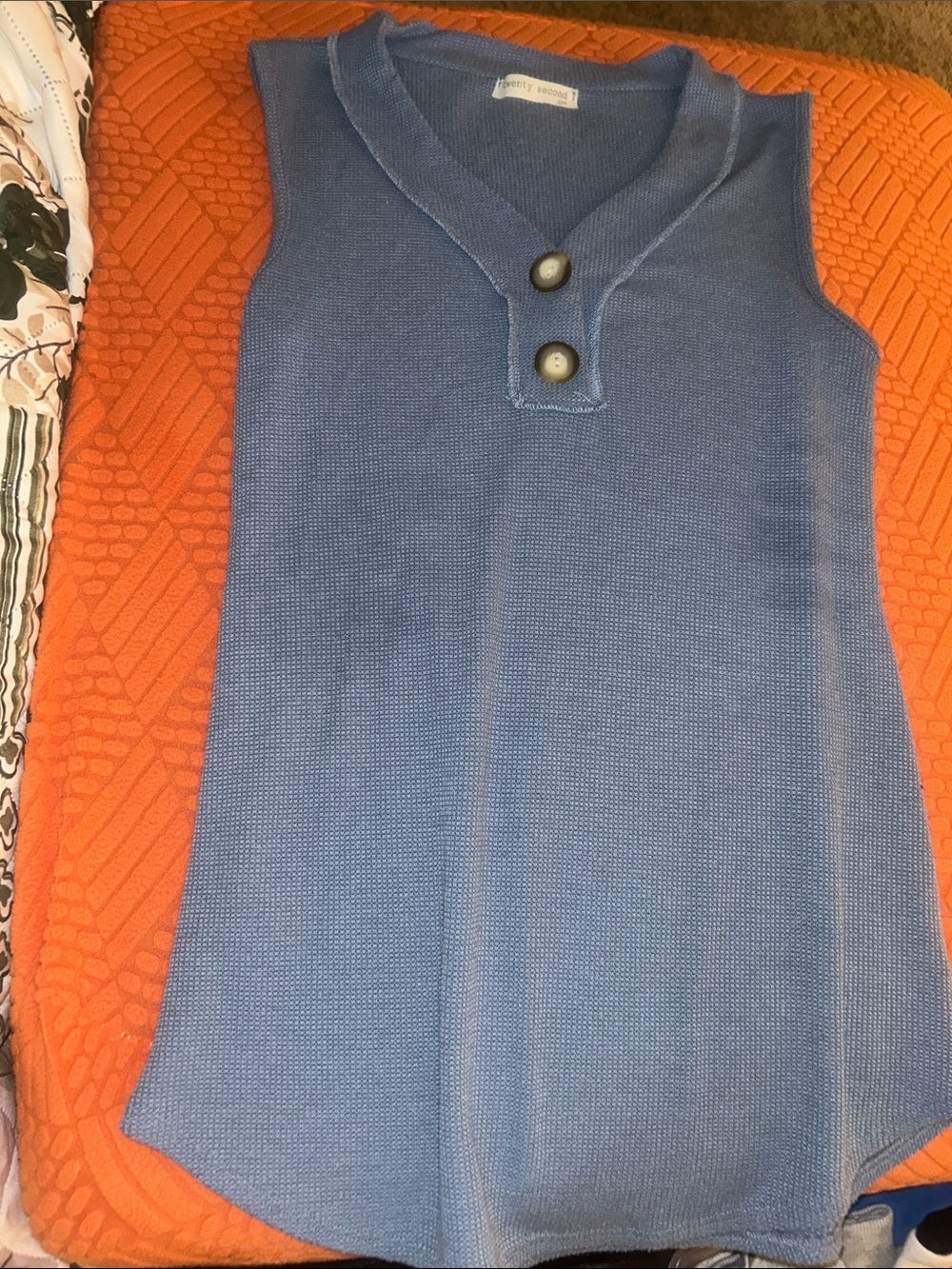 Sleeveless Blue Knit Tunic with Button Detail